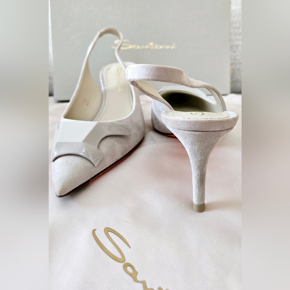 SANTONI SIZE 37 Made In Italy🌍 3"/8cm Heels Women's Silver Slingback Shoes - Picture 3 of 13